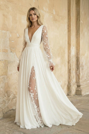 A Line Long Sleeves Chiffon Wedding Dress in Ivory - SHE IS ME Wedding Dresses