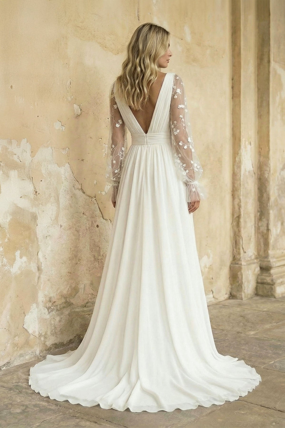 A Line Long Sleeves Chiffon Wedding Dress in Ivory - SHE IS ME Wedding Dresses