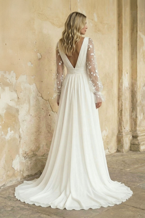 A Line Long Sleeves Chiffon Wedding Dress in Ivory - SHE IS ME Wedding Dresses