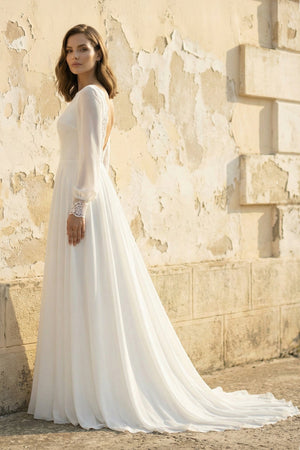 A Line Long Sleeves Chiffon Wedding Dress in White - SHE IS ME Wedding Dresses