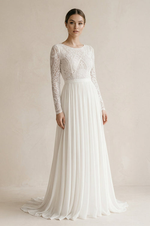 A Line Long Sleeves Chiffon Wedding Dress With Lace in Ivory - SHE IS ME Wedding Dresses