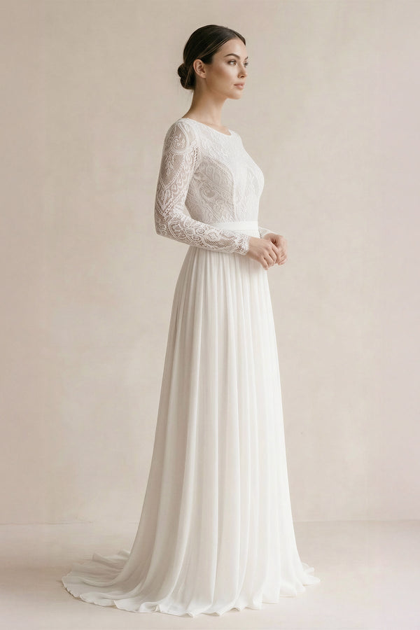 A Line Long Sleeves Chiffon Wedding Dress With Lace in Ivory - SHE IS ME Wedding Dresses
