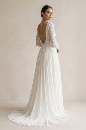 A Line Long Sleeves Chiffon Wedding Dress With Lace in Ivory - SHE IS ME Wedding Dresses
