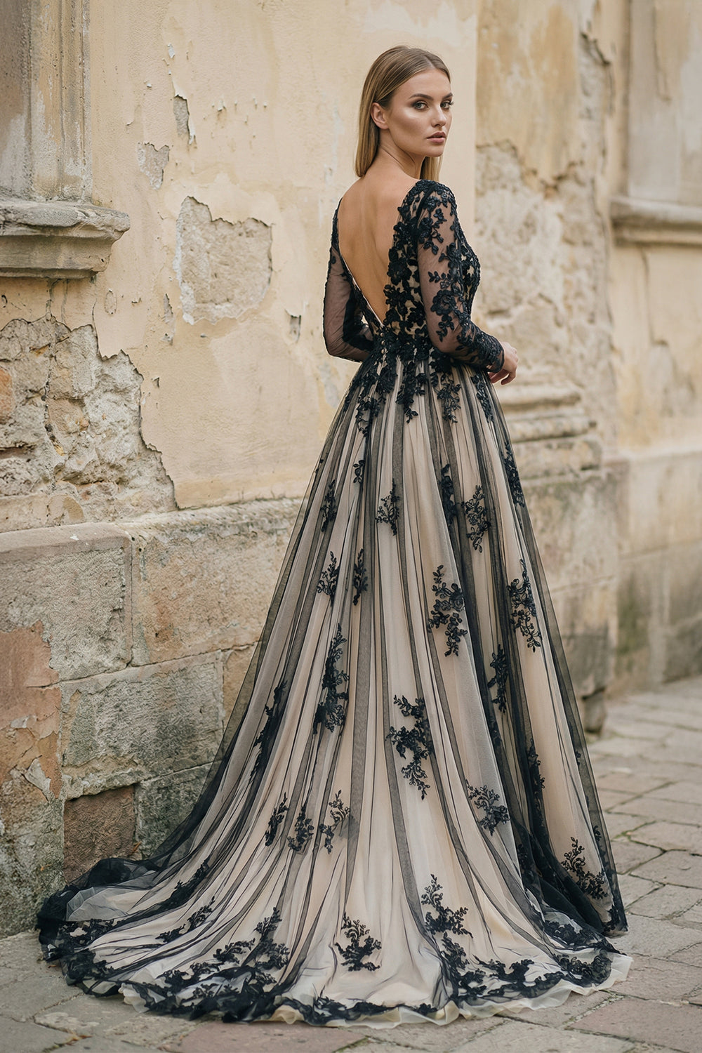 A Line Long Sleeves Lace Wedding Dress in Black and Nude - SHE IS ME WEDDING DRESSES