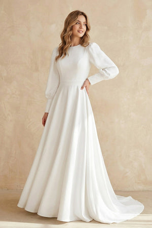 A Line Long Sleeves Satin Wedding Dress in White - SHE IS ME Wedding Dresses