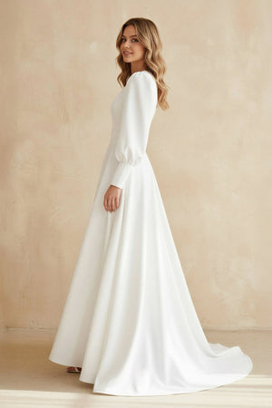 A Line Long Sleeves Satin Wedding Dress in White - SHE IS ME Wedding Dresses