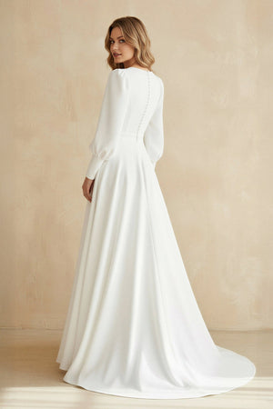 A Line Long Sleeves Satin Wedding Dress in White - SHE IS ME Wedding Dresses