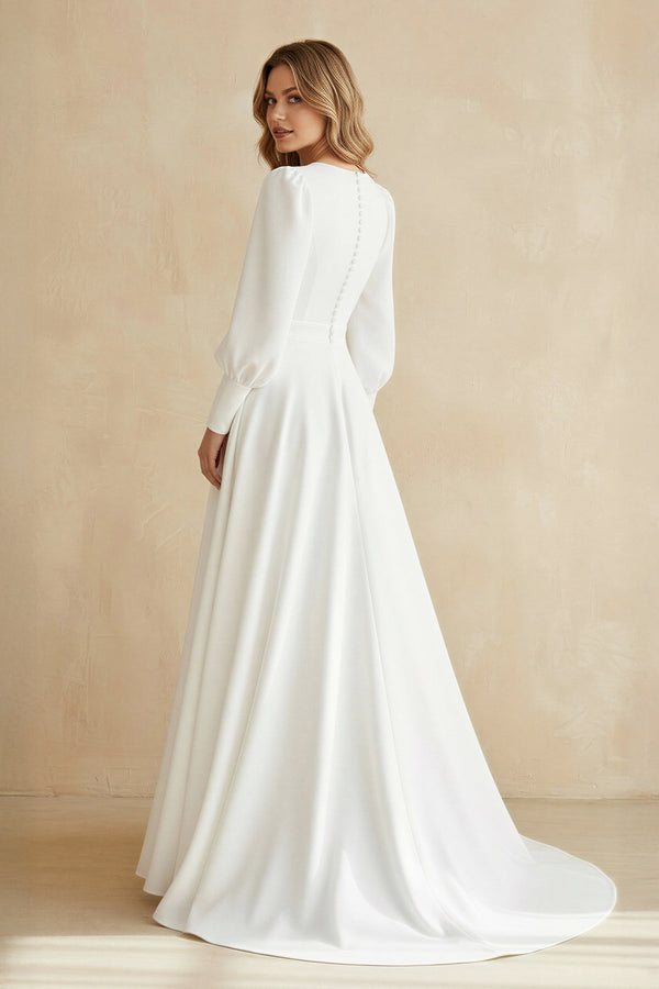 A Line Long Sleeves Satin Wedding Dress in White - SHE IS ME Wedding Dresses