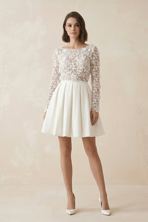 A Line Long Sleeves Satin Wedding Dress With Appliques in Ivory - SHE IS ME Wedding Dresses