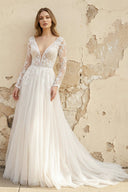 A Line Long Sleeves Tulle Wedding Dress - SHE IS ME Wedding Dresses