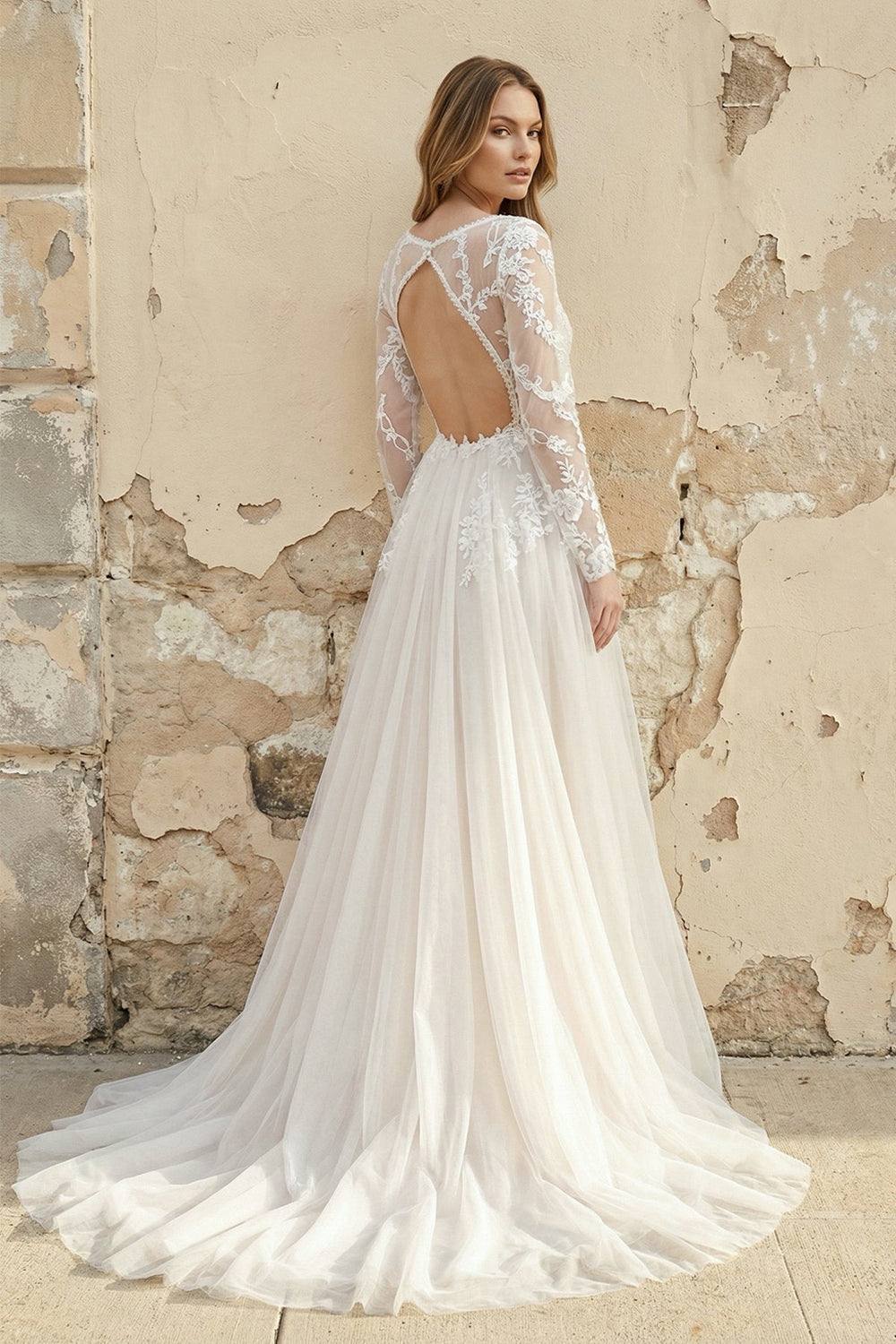 A Line Long Sleeves Tulle Wedding Dress - SHE IS ME Wedding Dresses