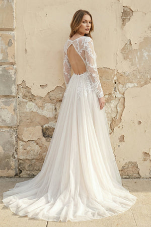 A Line Long Sleeves Tulle Wedding Dress - SHE IS ME Wedding Dresses