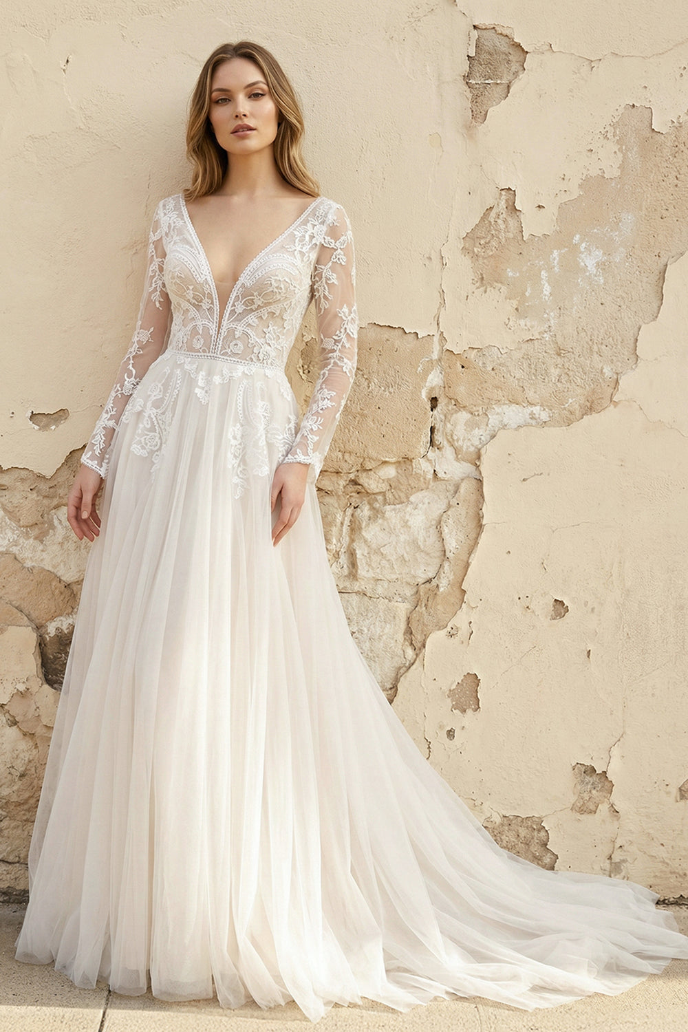 A Line Long Sleeves Tulle Wedding Dress in White and Nude - SHE IS ME WEDDING DRESSES