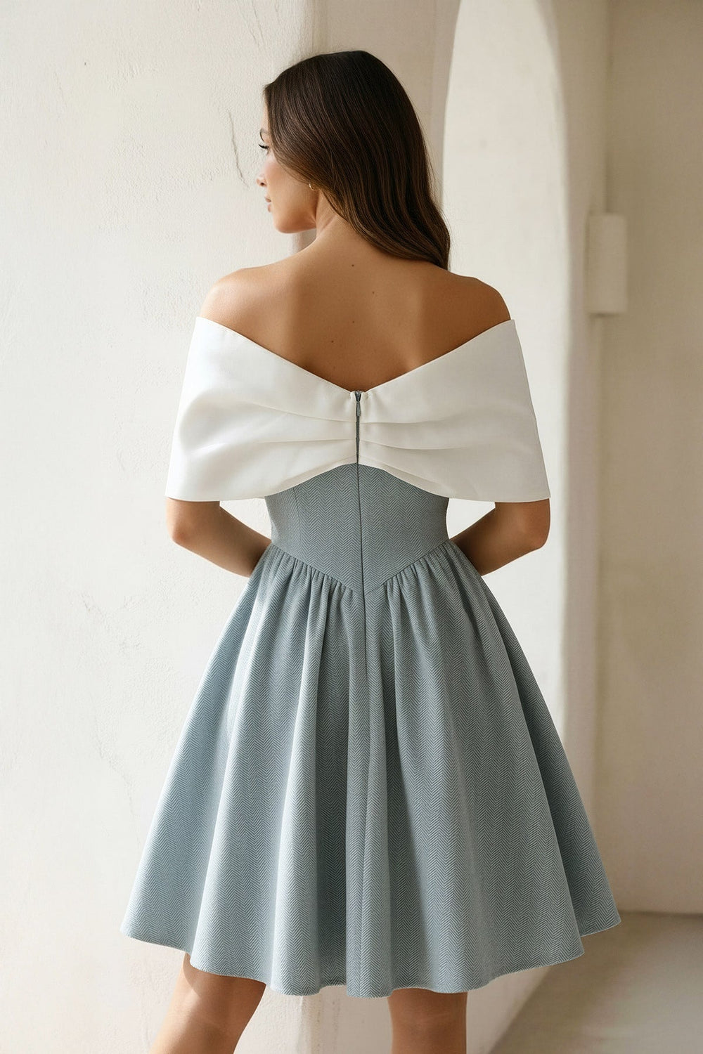 A - Line Mini Dress With Bow Cape in Mist - SHE IS ME