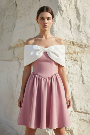 Sheisme-Pink Off-the-Shoulder A-Line Mini Bowknot Evening Cocktail Party Dress