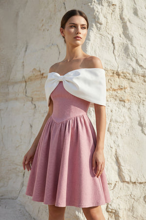 Sheisme-Pink Off-the-Shoulder A-Line Mini Bowknot Evening Cocktail Party Dress
