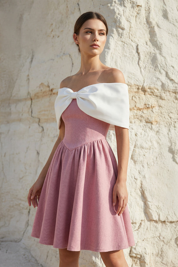 Sheisme-Pink Off-the-Shoulder A-Line Mini Bowknot Evening Cocktail Party Dress