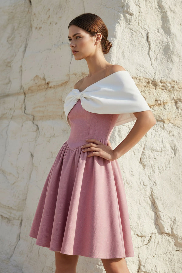 Sheisme-Pink Off-the-Shoulder A-Line Mini Bowknot Evening Cocktail Party Dress