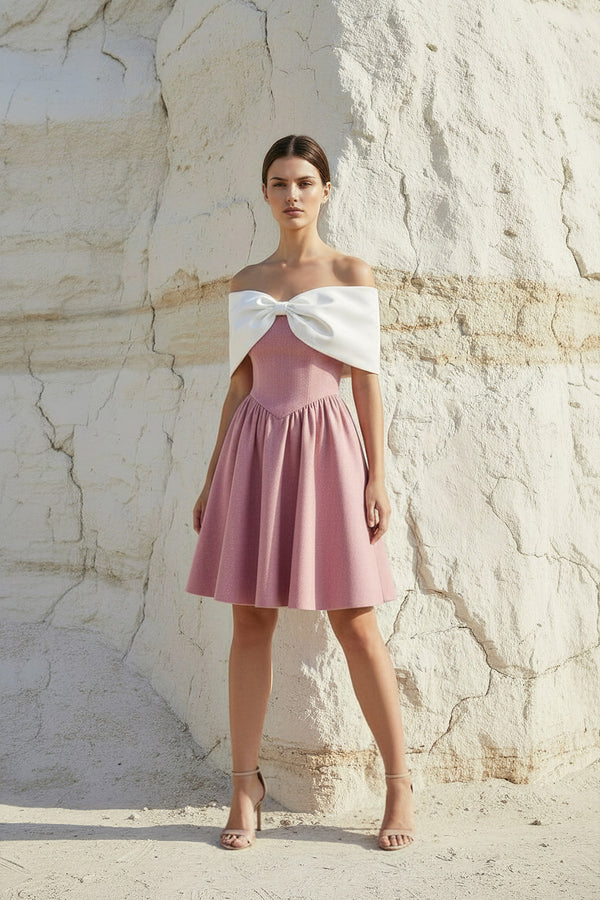 Sheisme-Pink Off-the-Shoulder A-Line Mini Bowknot Evening Cocktail Party Dress