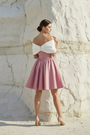 Sheisme-Pink Off-the-Shoulder A-Line Mini Bowknot Evening Cocktail Party Dress