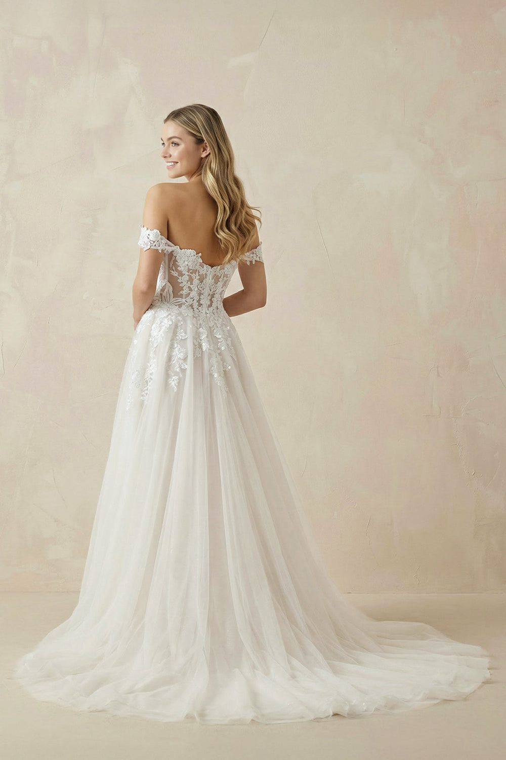 A Line Off - the - Shoulder Appliques Wedding Dress in Ivory - SHE IS ME Wedding Dresses