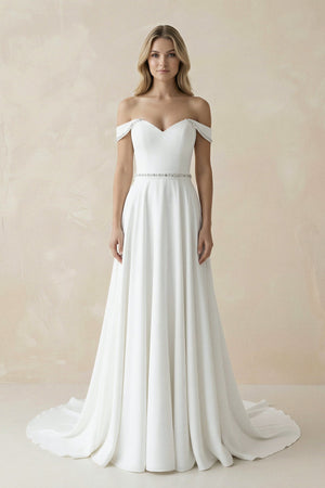 A - Line Off the Shoulder Beaded Wedding Dress - SHE IS ME Wedding Dresses