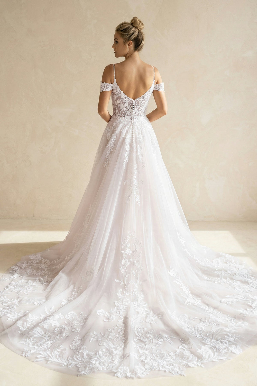 A Line Off The Shoulder Lace Wedding Dress With Slit in White and Nude - SHE IS ME Wedding Dresses