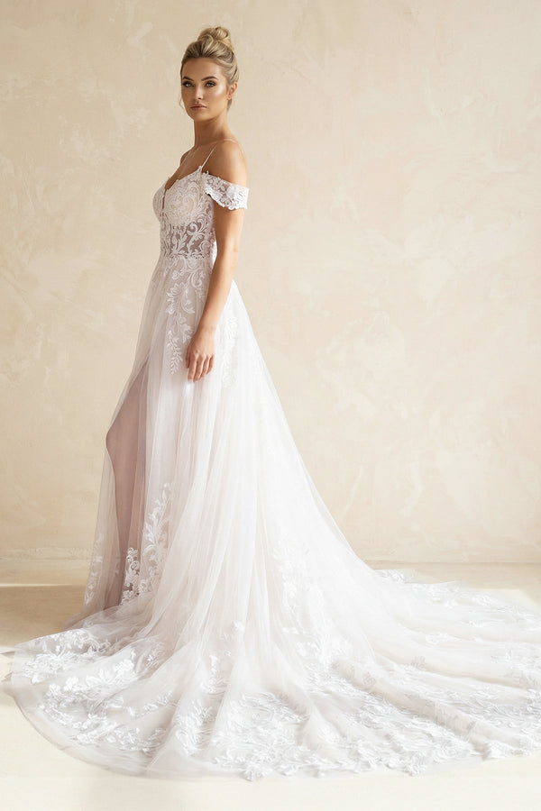 A Line Off The Shoulder Lace Wedding Dress With Slit in White and Nude - SHE IS ME Wedding Dresses