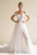 A Line Off The Shoulder Lace Wedding Dress With Slit in White and Nude - SHE IS ME Wedding Dresses