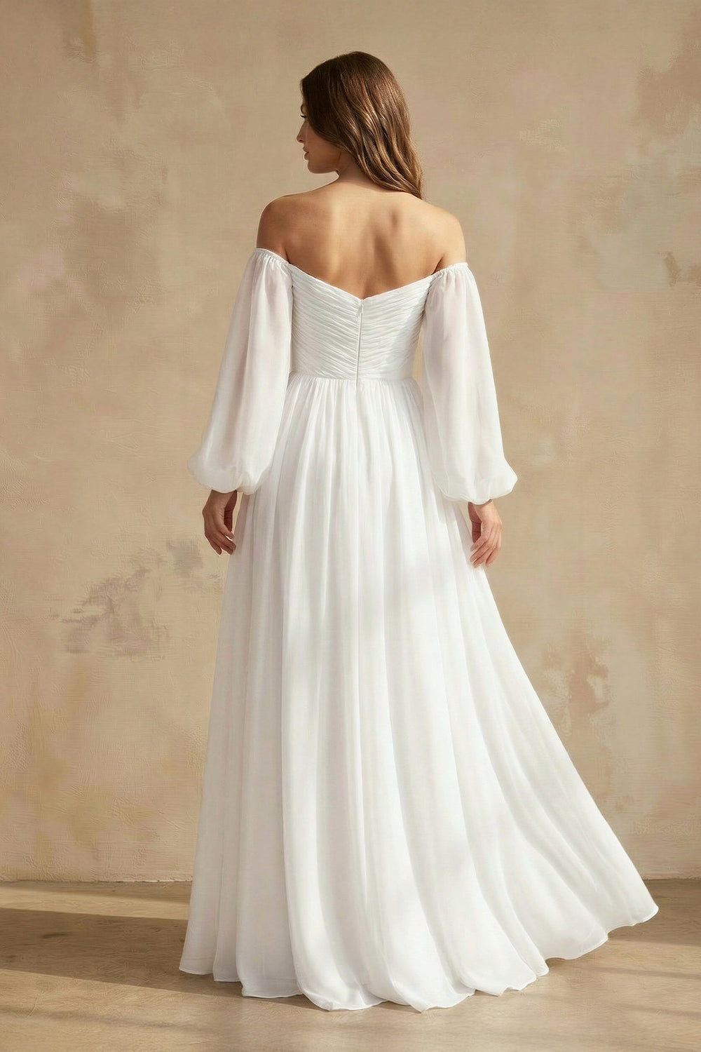 A Line Off The Shoulder Long Sleeves Chiffon Wedding Dress in White - SHE IS ME Wedding Dresses
