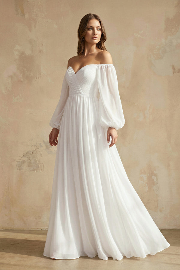 A Line Off The Shoulder Long Sleeves Chiffon Wedding Dress in White - SHE IS ME Wedding Dresses