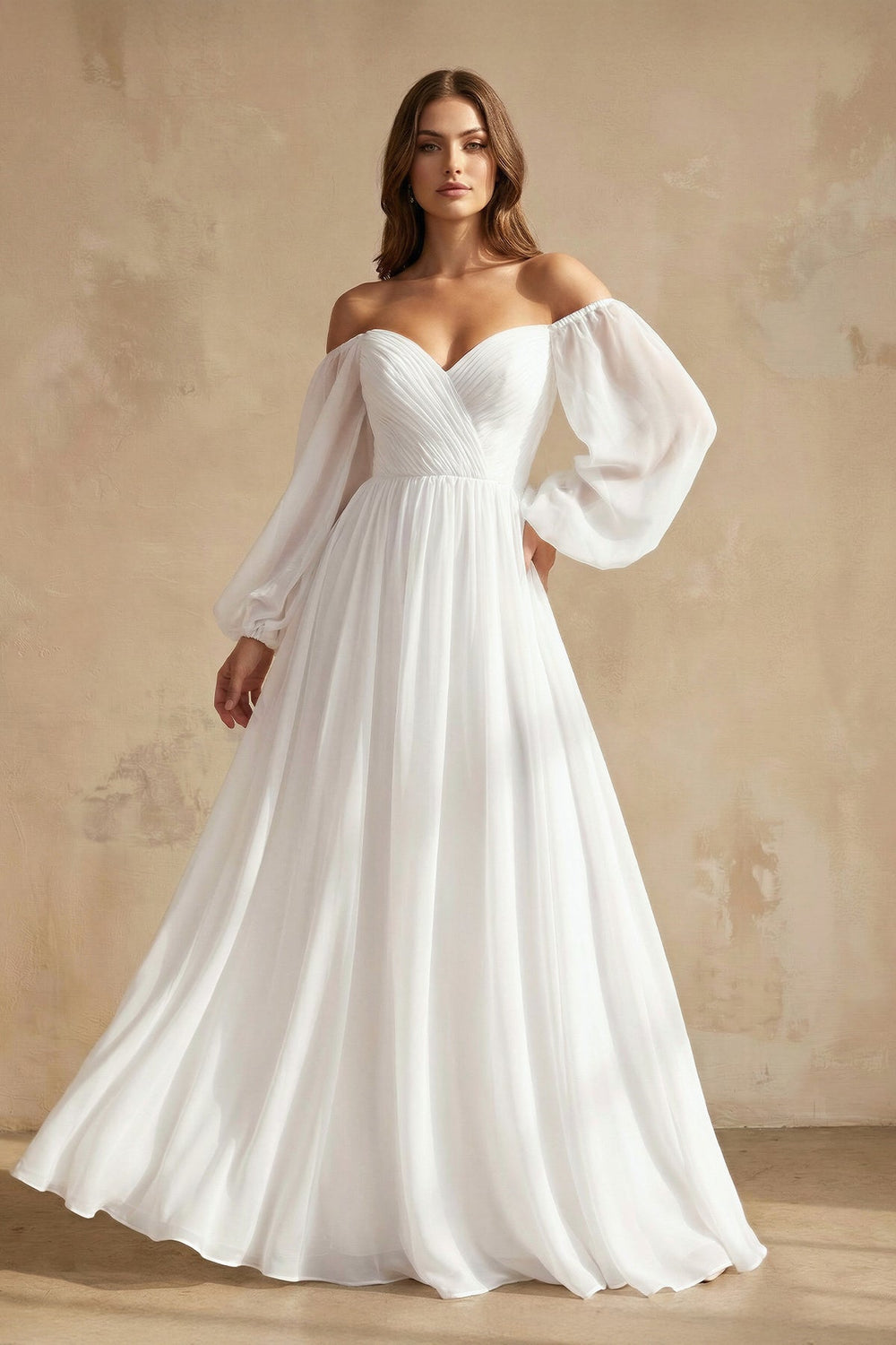 A Line Off The Shoulder Long Sleeves Chiffon Wedding Dress in White - SHE IS ME Wedding Dresses