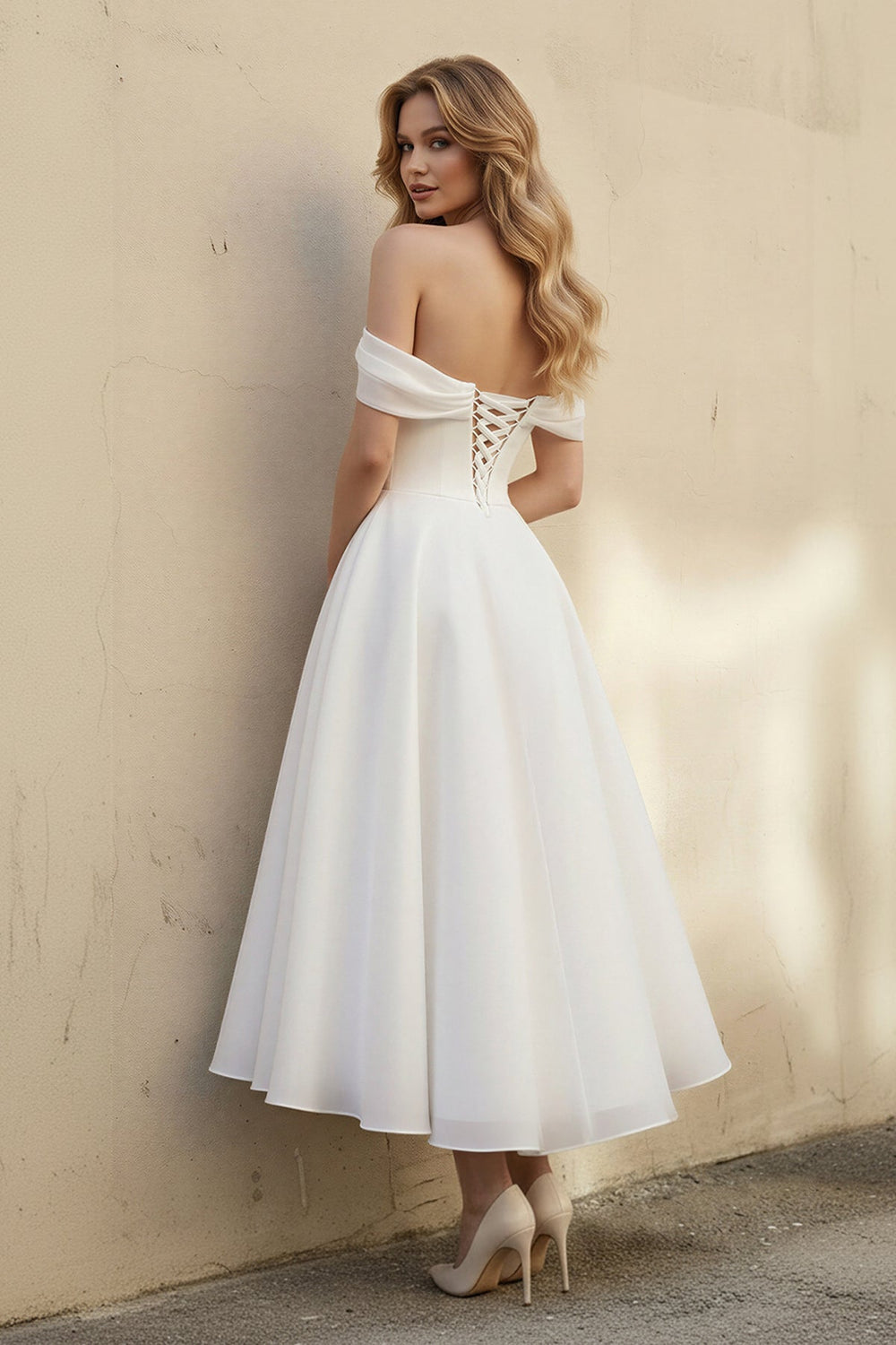 A Line Off The Shoulder Organza Wedding Dress in White - SHE IS ME Wedding Dresses