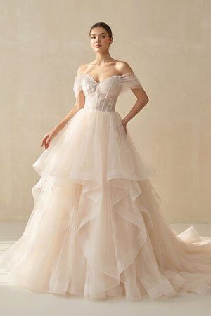A - Line Off - the - Shoulder Tulle Wedding Dress - SHE IS ME Wedding Dresses