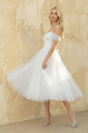 A Line Off The Shoulder Tulle Wedding Dress in White - SHE IS ME Wedding Dresses