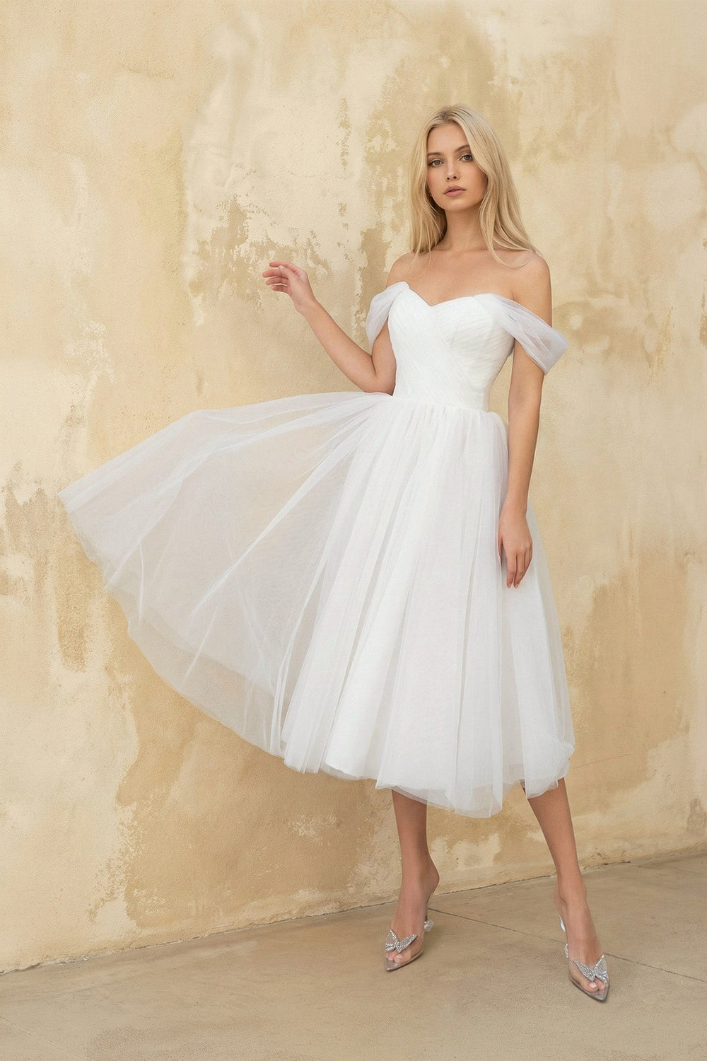 A Line Off The Shoulder Tulle Wedding Dress in White - SHE IS ME Wedding Dresses