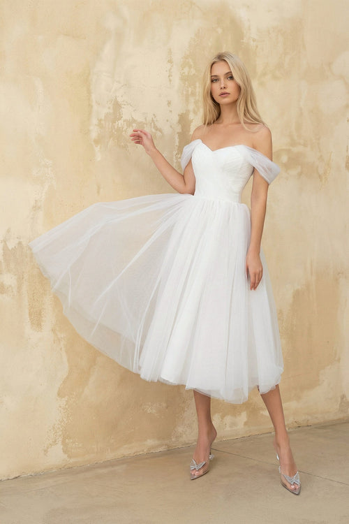 A Line Off The Shoulder Tulle Wedding Dress in White - SHE IS ME Wedding Dresses