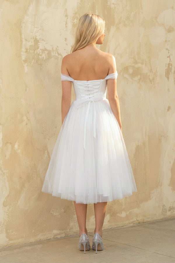 A Line Off The Shoulder Tulle Wedding Dress in White - SHE IS ME Wedding Dresses
