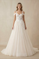 A - Line Off - The - Shoulder Tulle Wedding Dresses in Ivory - SHE IS ME Wedding Dresses