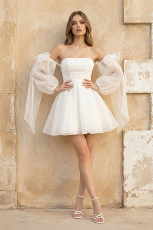 A Line Organza Long Sleeves Wedding Dress in White - SHE IS ME Wedding Dresses