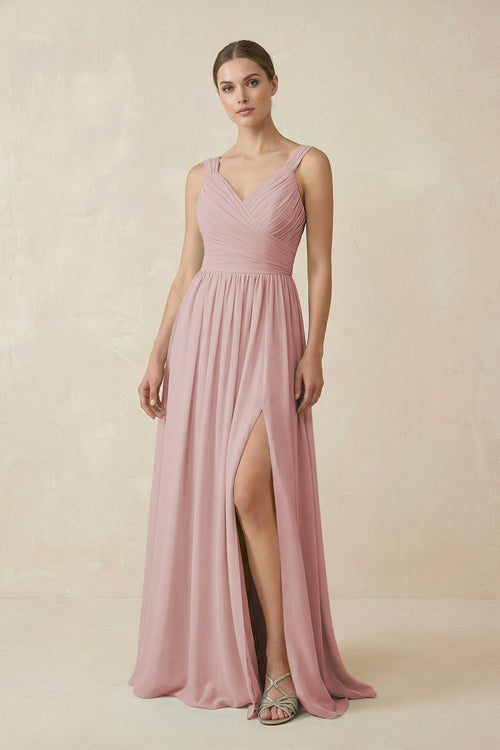 A - Line Pleated Chiffon Long Bridesmaid Dress in Dusty Rose - SHE IS ME Bridesmaid Dresses