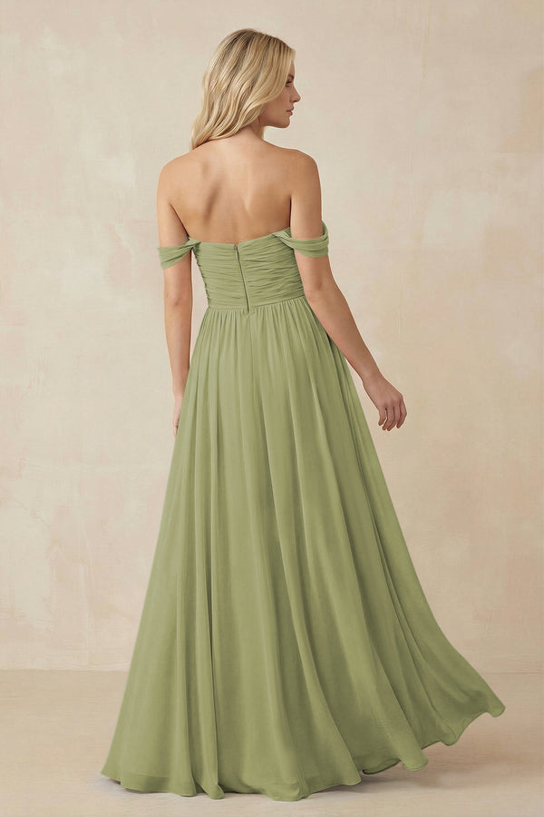 A - Line Pleated Chiffon Long Bridesmaid Dress in Moss Green - SHE IS ME Bridesmaid Dresses