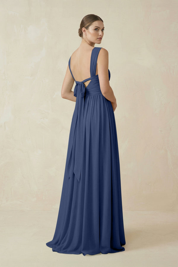A - Line Pleated Chiffon Long Bridesmaid Dress in Navy - SHE IS ME Bridesmaid Dresses
