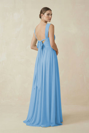 A - Line Pleated Chiffon Long Bridesmaid Dress in Steel Blue - SHE IS ME Bridesmaid Dresses