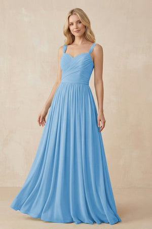 A - Line Pleated Chiffon Long Bridesmaid Dress in Steel Blue - SHE IS ME Bridesmaid Dresses