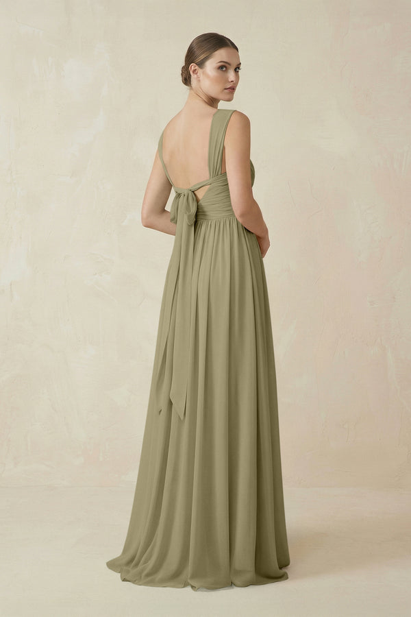 A - Line Pleated Chiffon Long Bridesmaid Dress in Thyme - SHE IS ME Bridesmaid Dresses