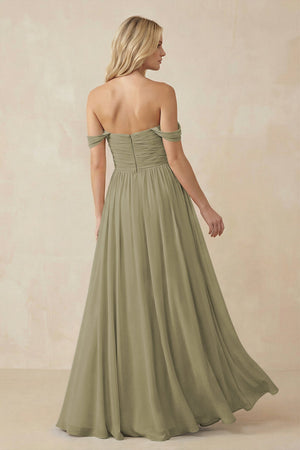 A - Line Pleated Chiffon Long Bridesmaid Dress in Thyme - SHE IS ME Bridesmaid Dresses