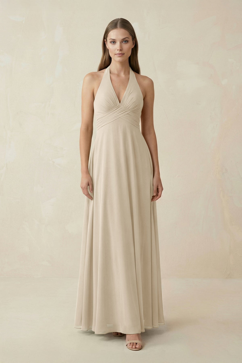 A-Line Pleated Chiffon V-Neck Bridesmaid Dress in Champagne - SHE IS ME BRIDESMAID DRESSES