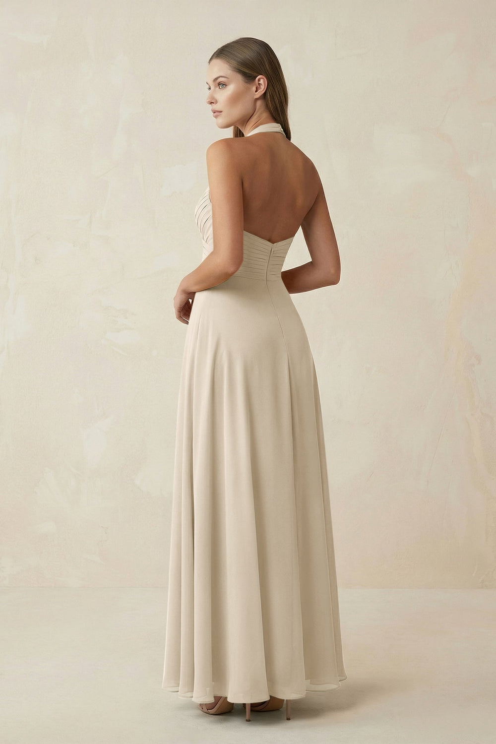 A-Line Pleated Chiffon V-Neck Bridesmaid Dress in Champagne - SHE IS ME BRIDESMAID DRESSES