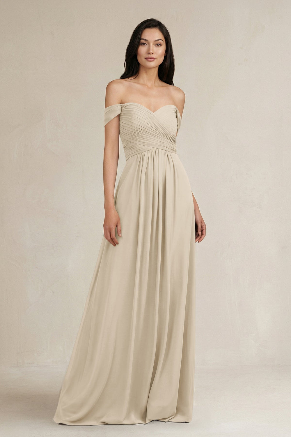 A - Line Pleated Off - the - Shoulder Chiffon Bridesmaid Dress in Champagne - SHE IS ME Bridesmaid Dresses